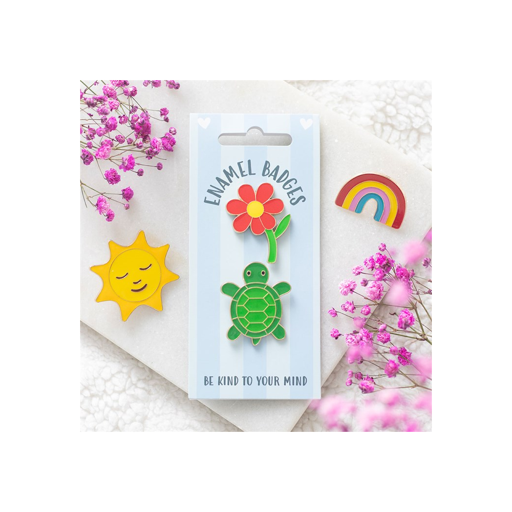 Set of 2 Turtle and Flower Pin Badges