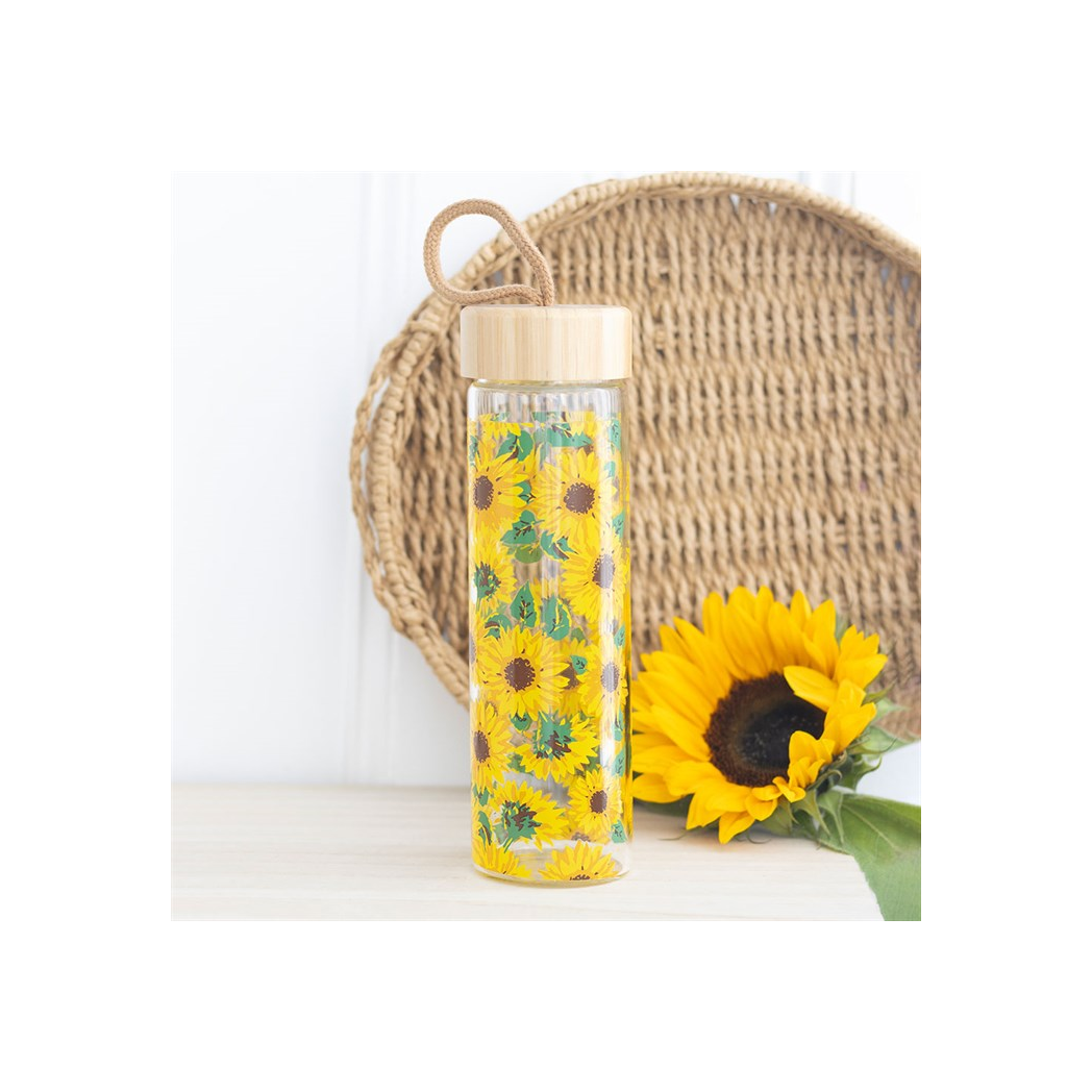 Sunflower Print Glass Water Bottle