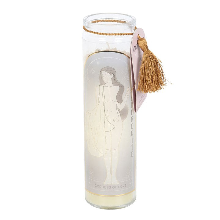 Aphrodite Goddess Tube Candle with Rose Quartz Crystals